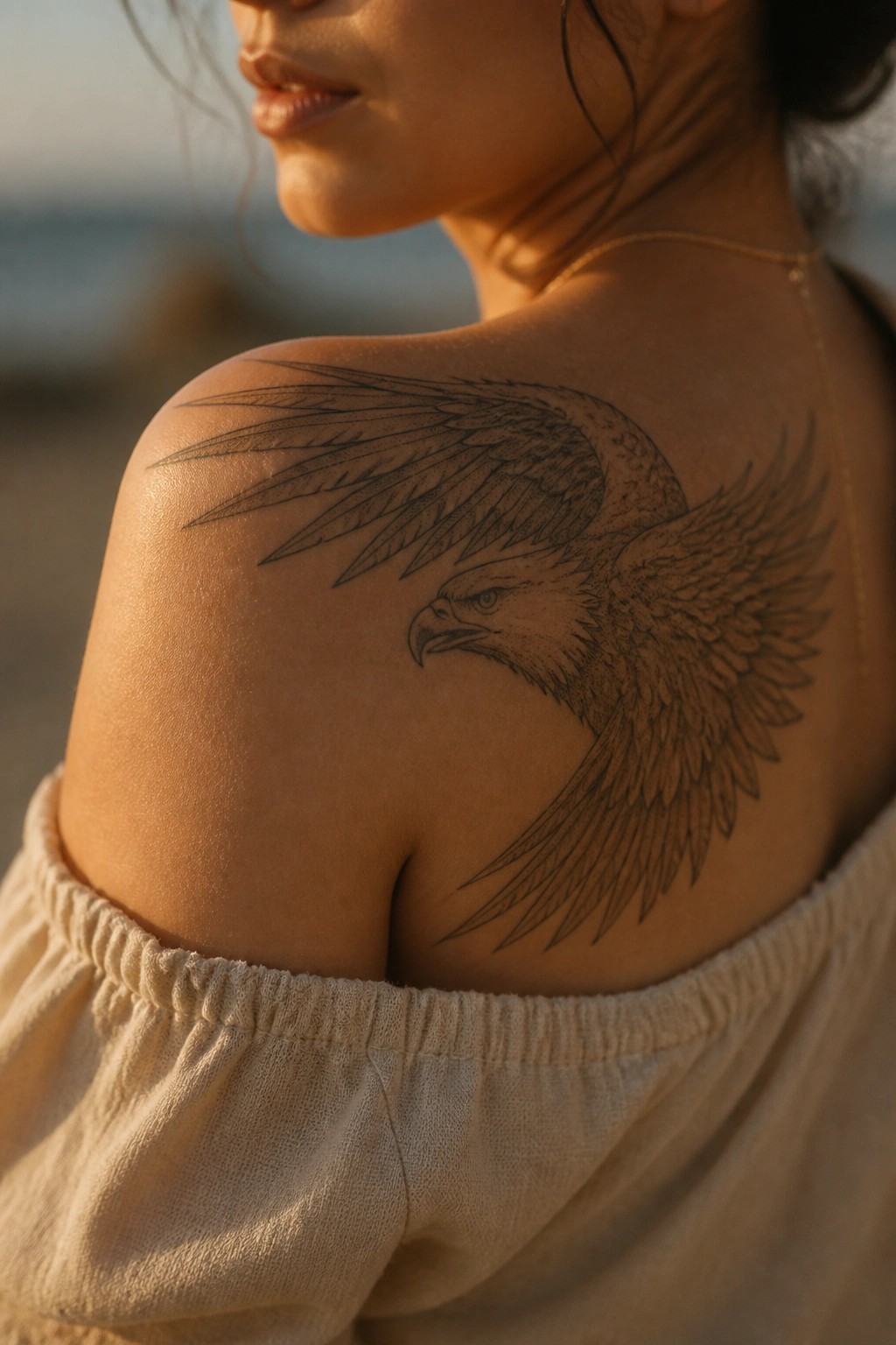 Woman's shoulder with large eagle tattoo, off-shoulder beige top, gold necklace, beach sunset