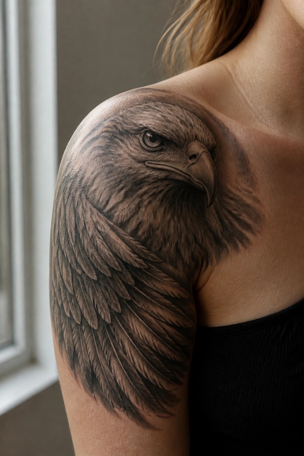 Realistic black-and-gray eagle tattoo on shoulder with wing feathers down arm
