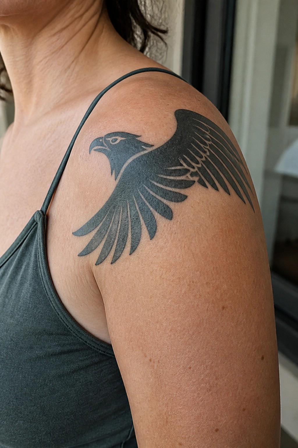 Black eagle tattoo with spread wings on a woman's shoulder in solid ink