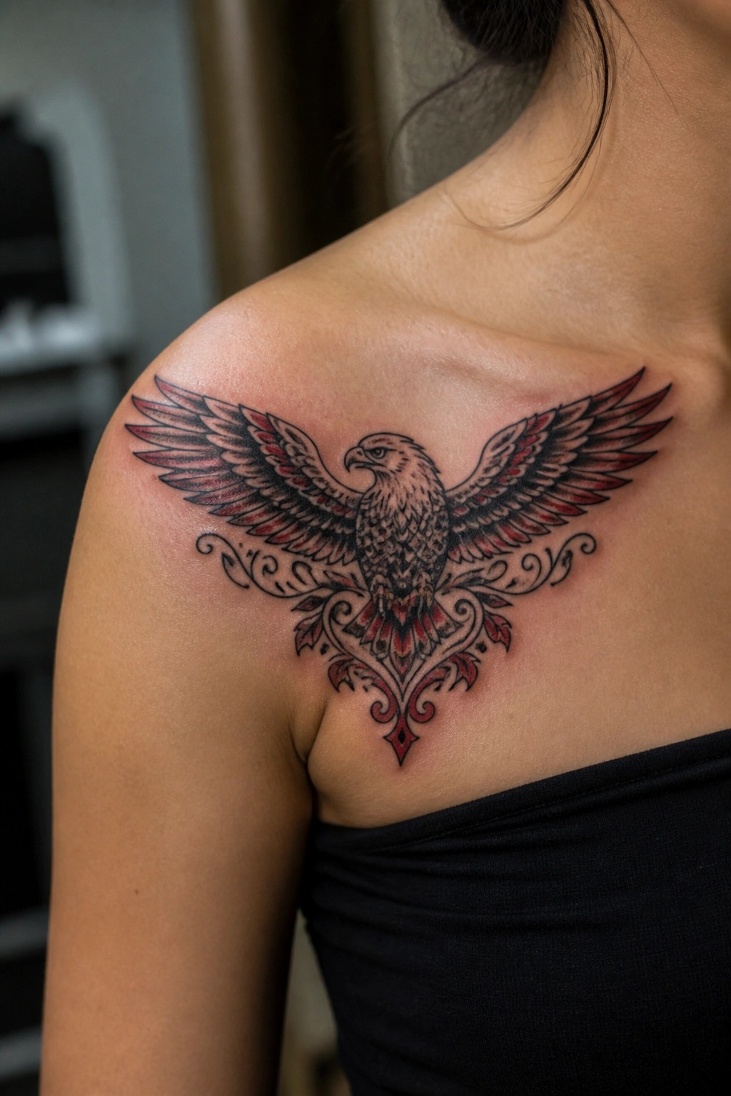 Intricate black and red eagle tattoo with spread wings on shoulder above black top