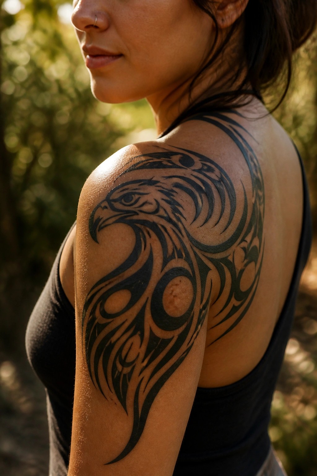 Side view of a woman with a large black tribal eagle tattoo covering her shoulder and upper arm.