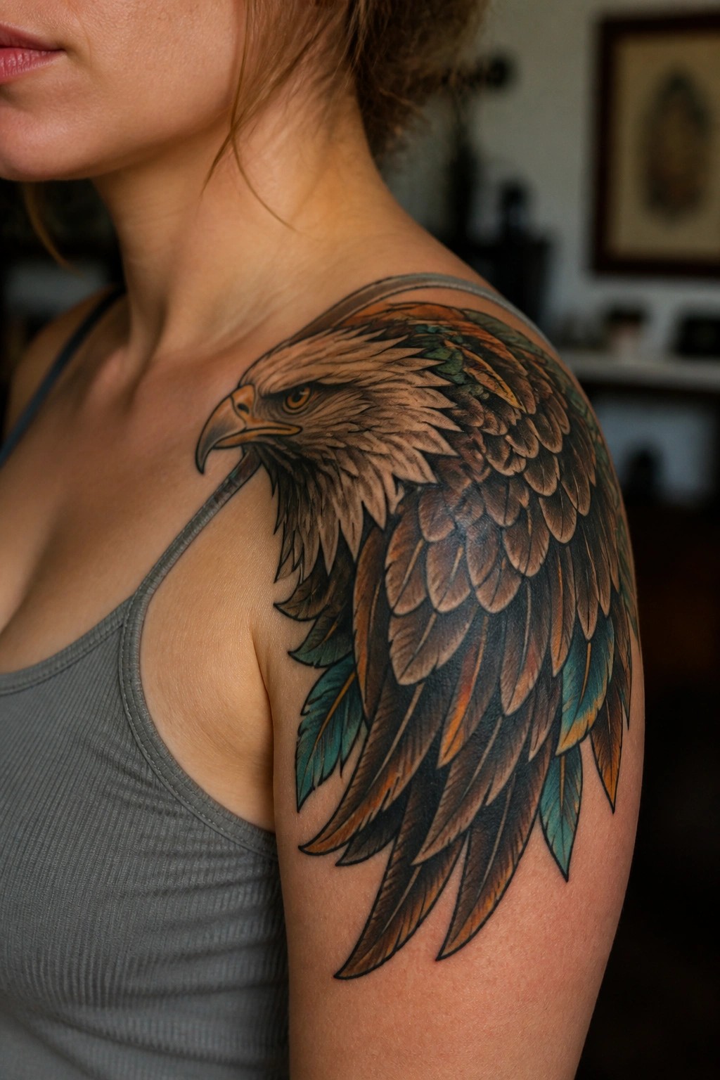Woman's shoulder with large eagle tattoo over gray tank top.