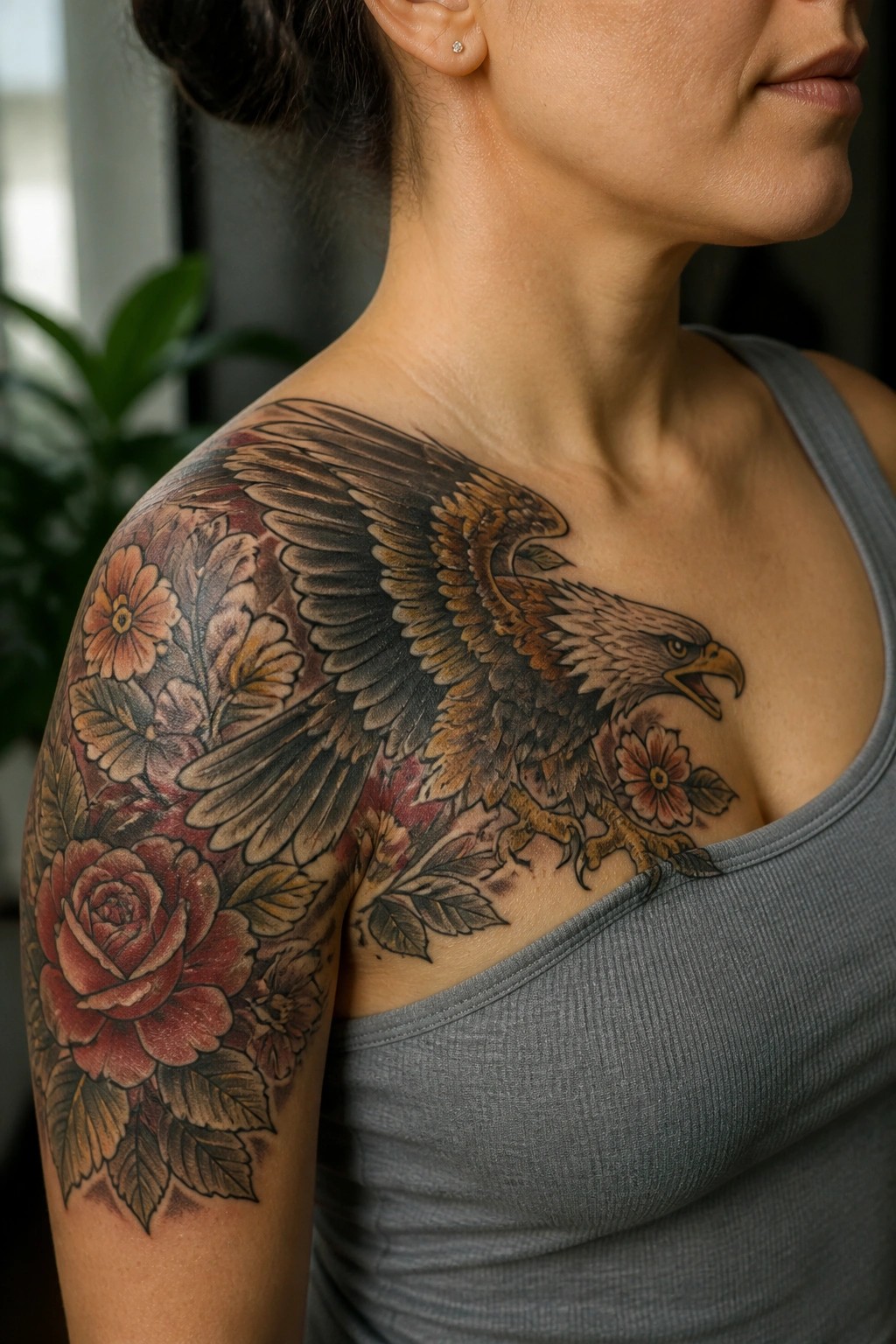 Woman in gray tank top with large eagle and rose tattoo on shoulder