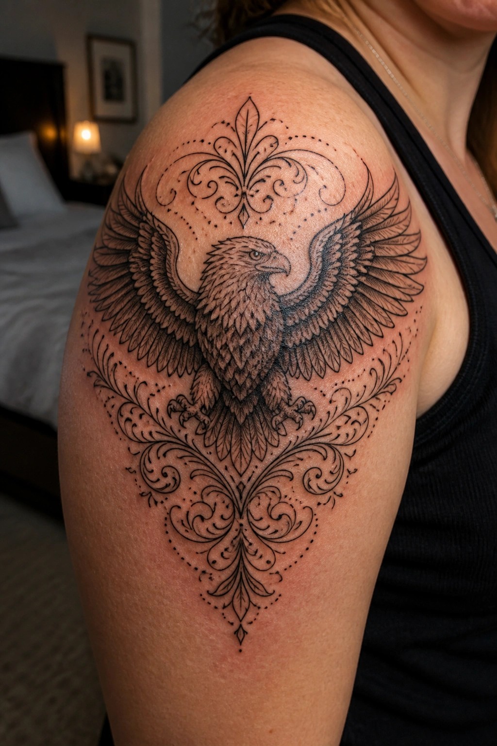 Black and grey eagle tattoo on a woman's shoulder with spread wings and surrounding ornate scrollwork and leaf patterns.