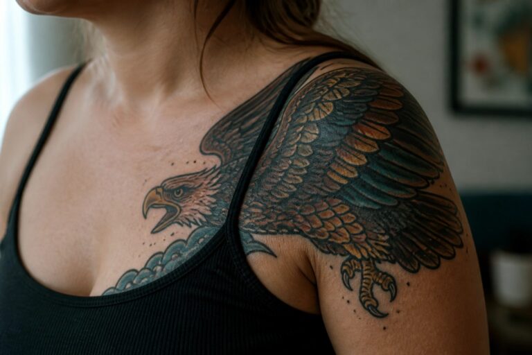 18 Eagle Shoulder Tattoo Ideas for Women Designed for Bold Placement Woman's shoulder with large eagle tattoo over gray tank top.