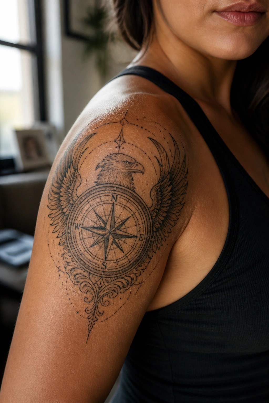 Black and grey eagle with compass rose tattoo on a woman's shoulder