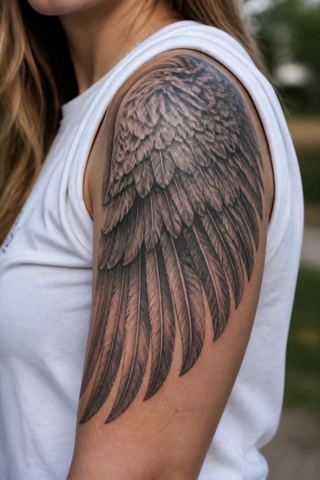 Detailed black-and-gray feathered wing tattoo on shoulder above white tank top.
