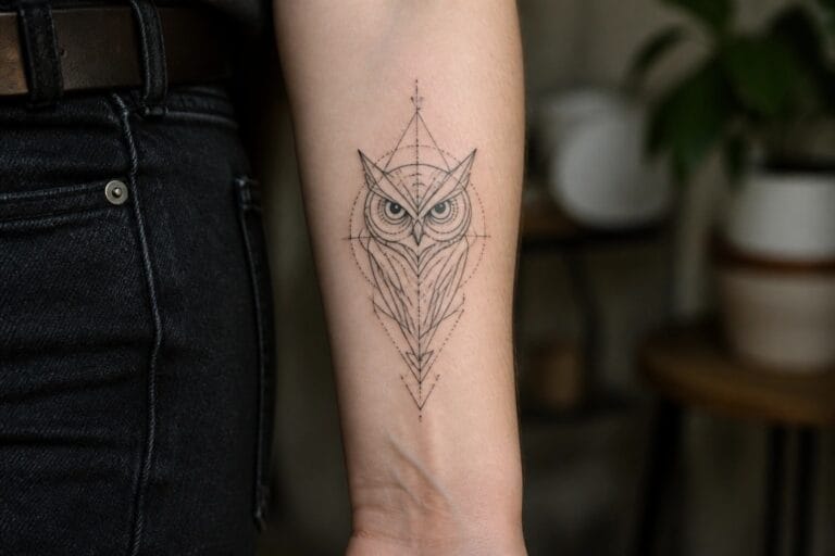 Geometric black line-art owl tattoo on light-skinned forearm with blurred background.