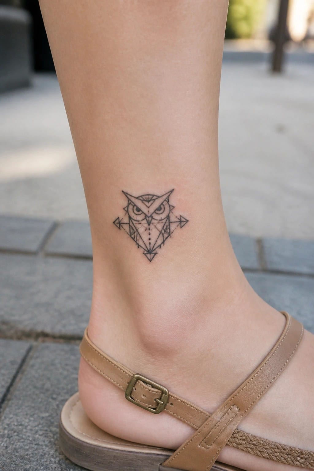 Geometric black owl tattoo on ankle above tan leather sandal with buckle