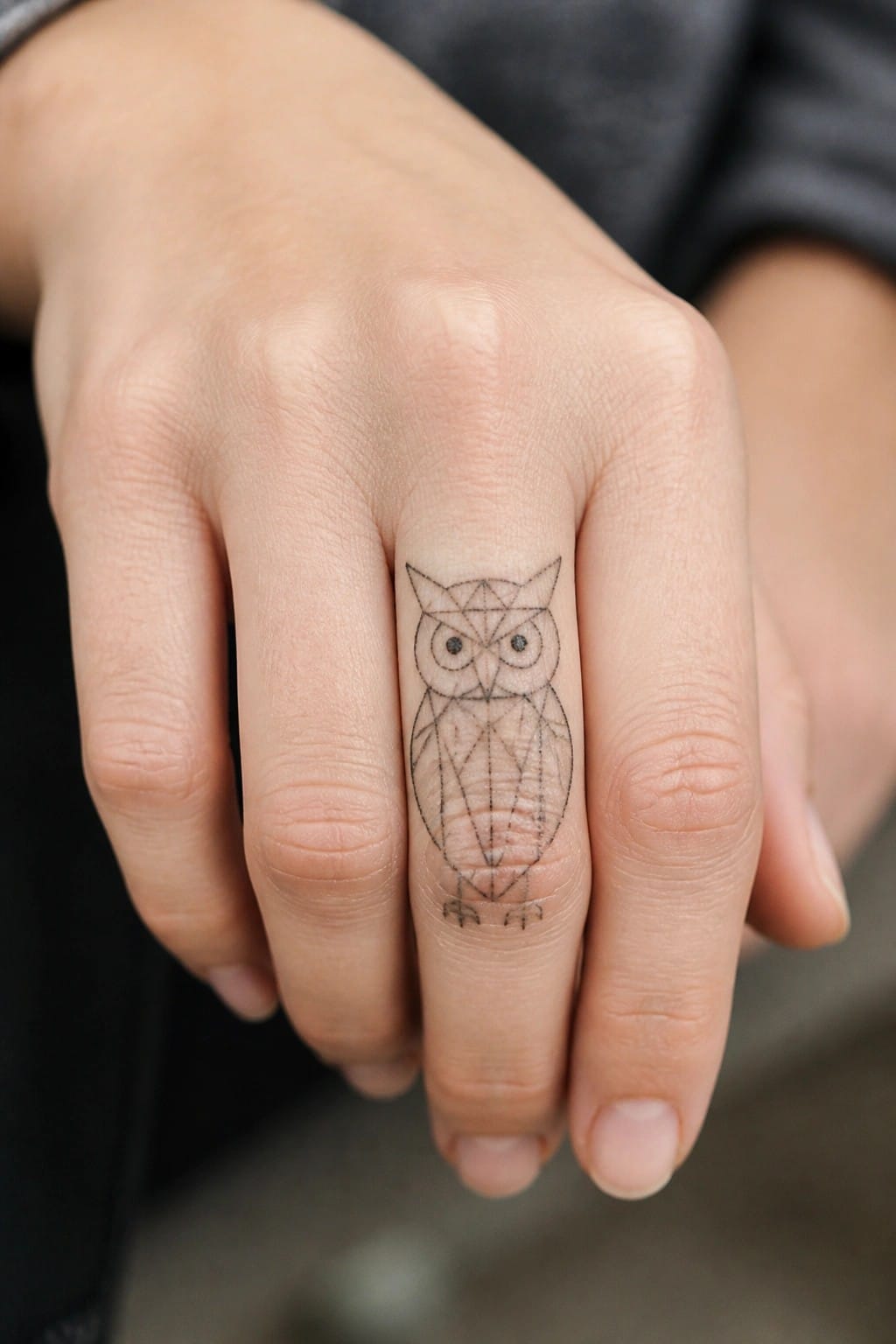 Geometric owl tattoo on a light-skinned hand's ring finger in black ink.