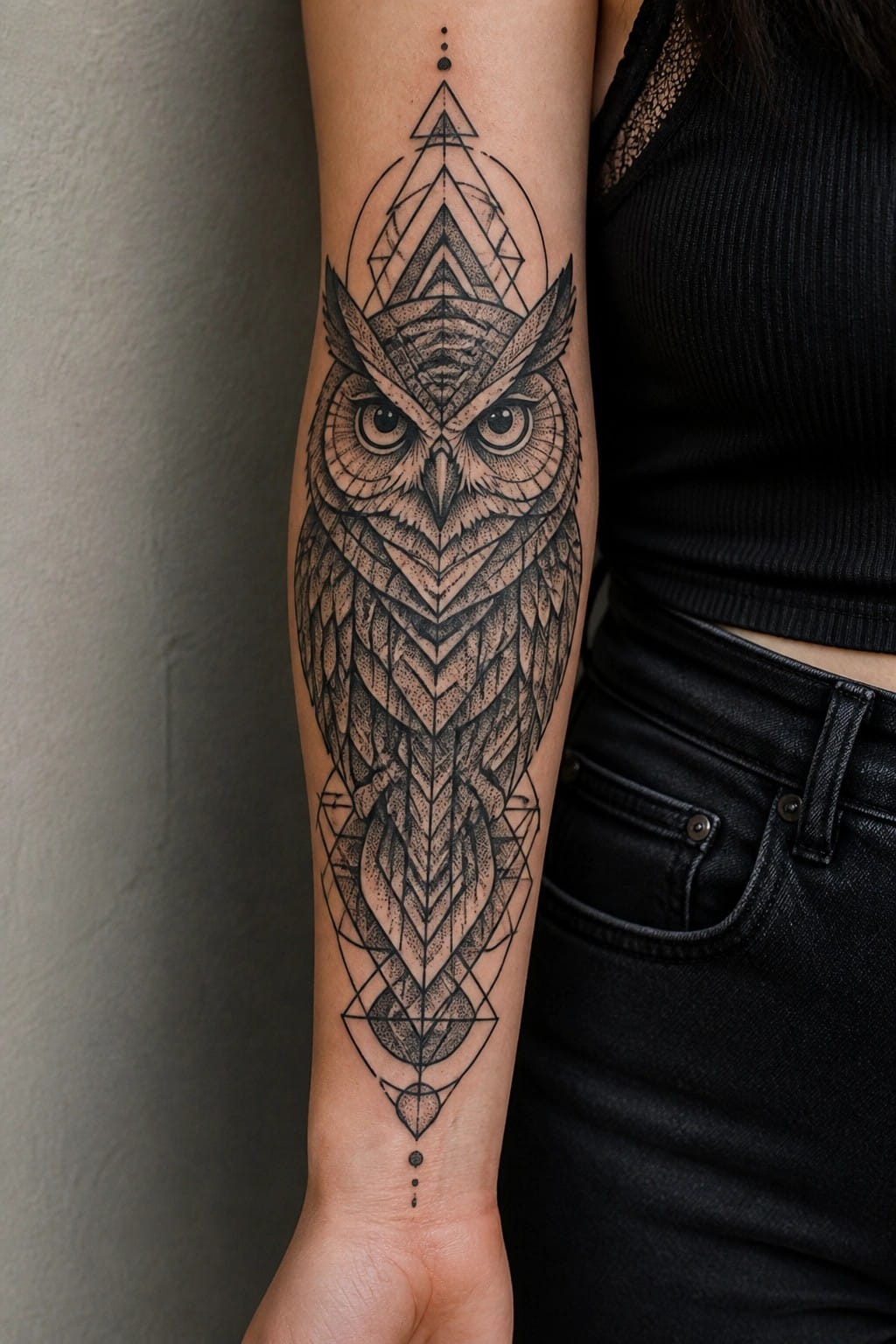 Geometric black owl tattoo with triangles and dots on forearm in black top.