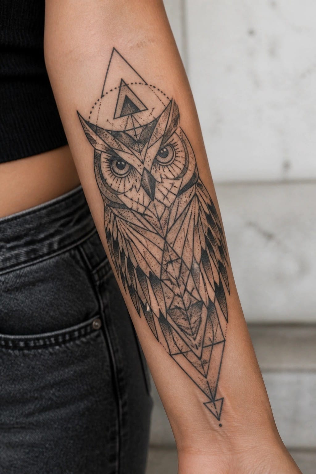 Geometric black owl tattoo with triangles on forearm above dark jeans