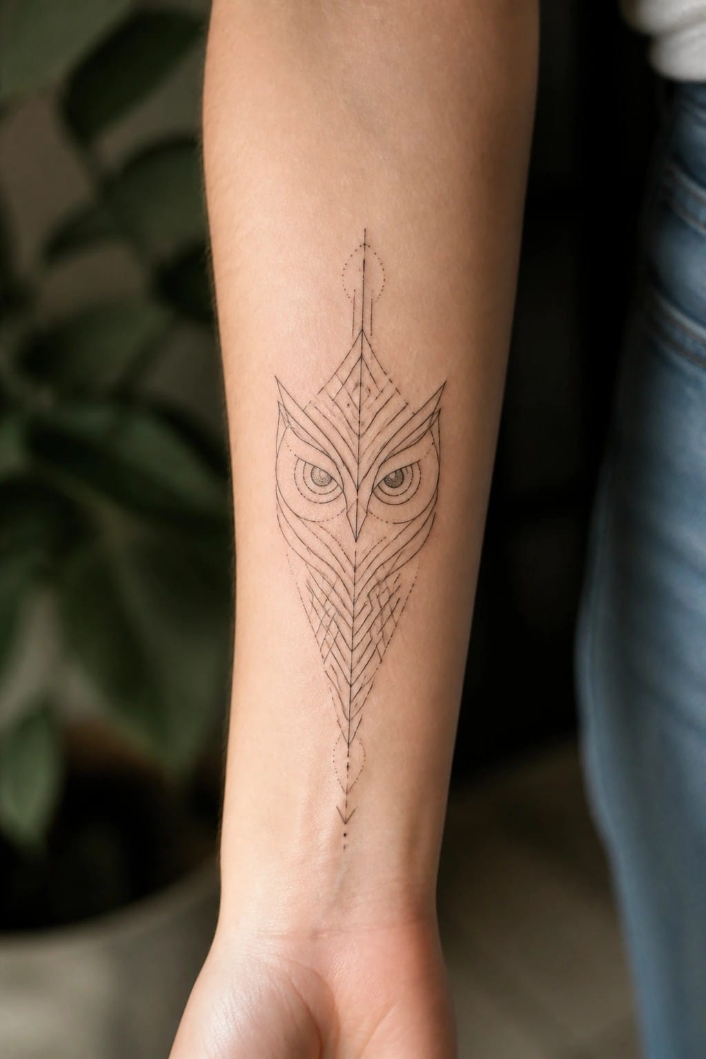 Geometric black line-art owl tattoo on light-skinned forearm with blurred background.