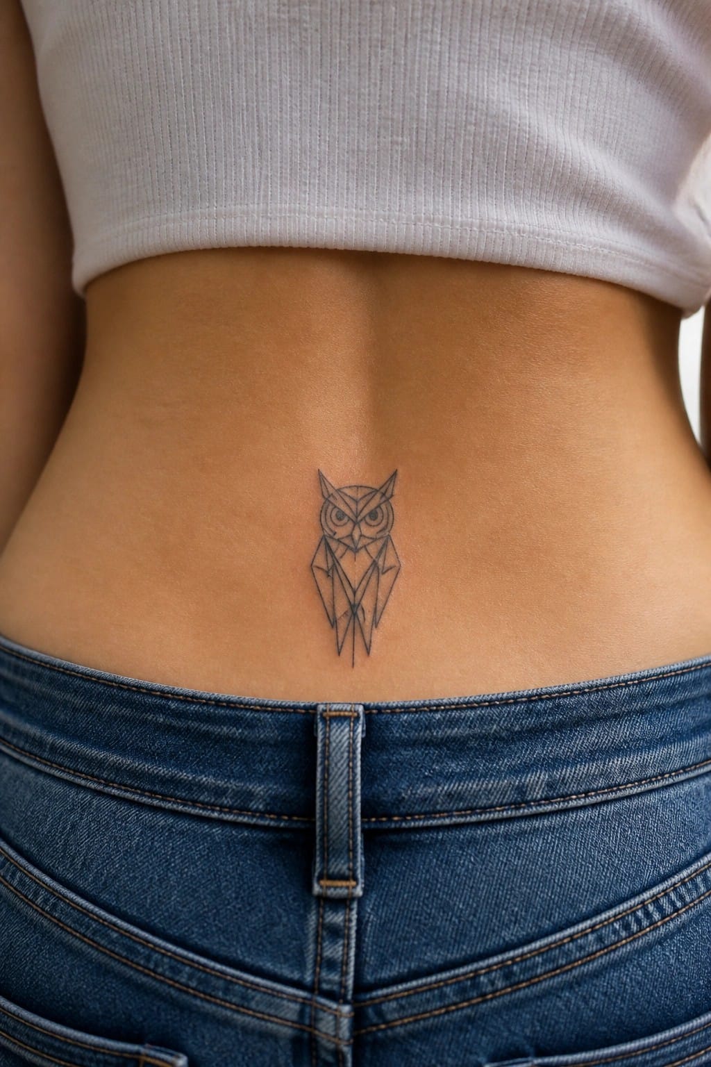 Geometric owl tattoo on lower back above blue jeans and white crop top