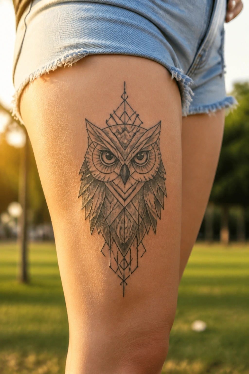 Geometric owl tattoo on thigh beneath frayed light blue denim shorts outdoors