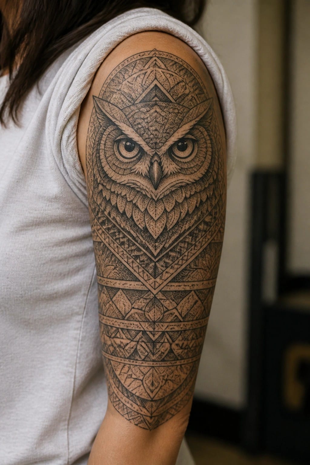 Black and grey geometric owl tattoo on a woman's upper arm with symmetrical mandala style patterns extending downward.