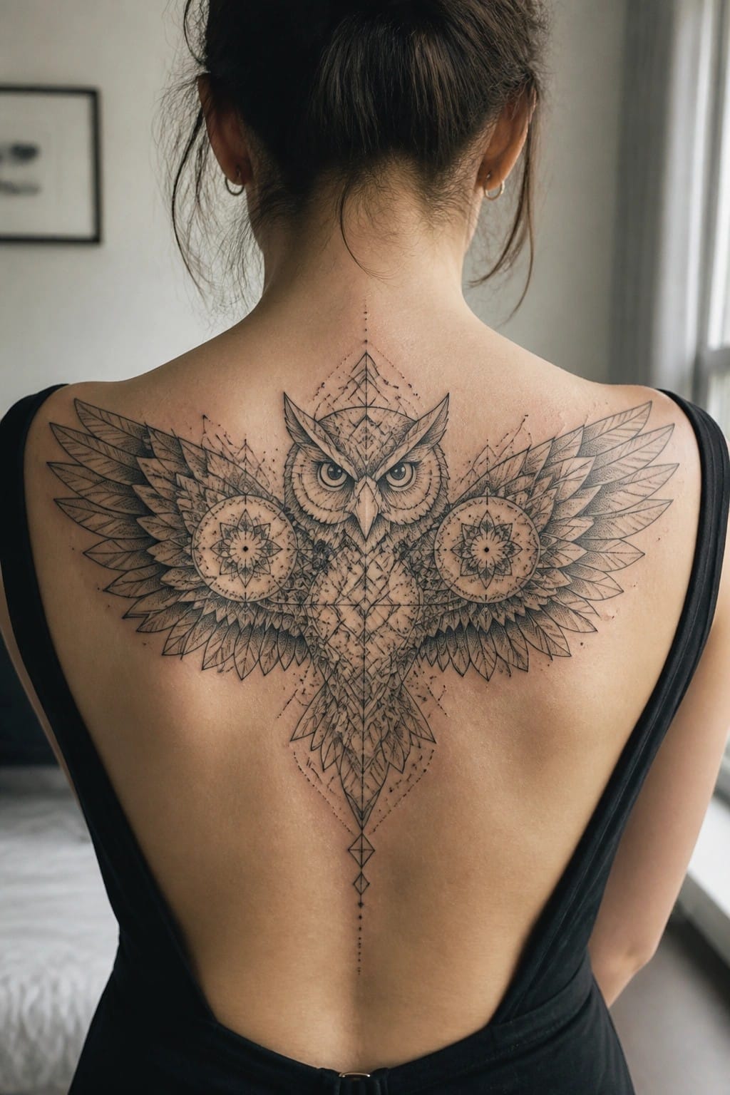 Woman's back with large geometric owl tattoo in black top