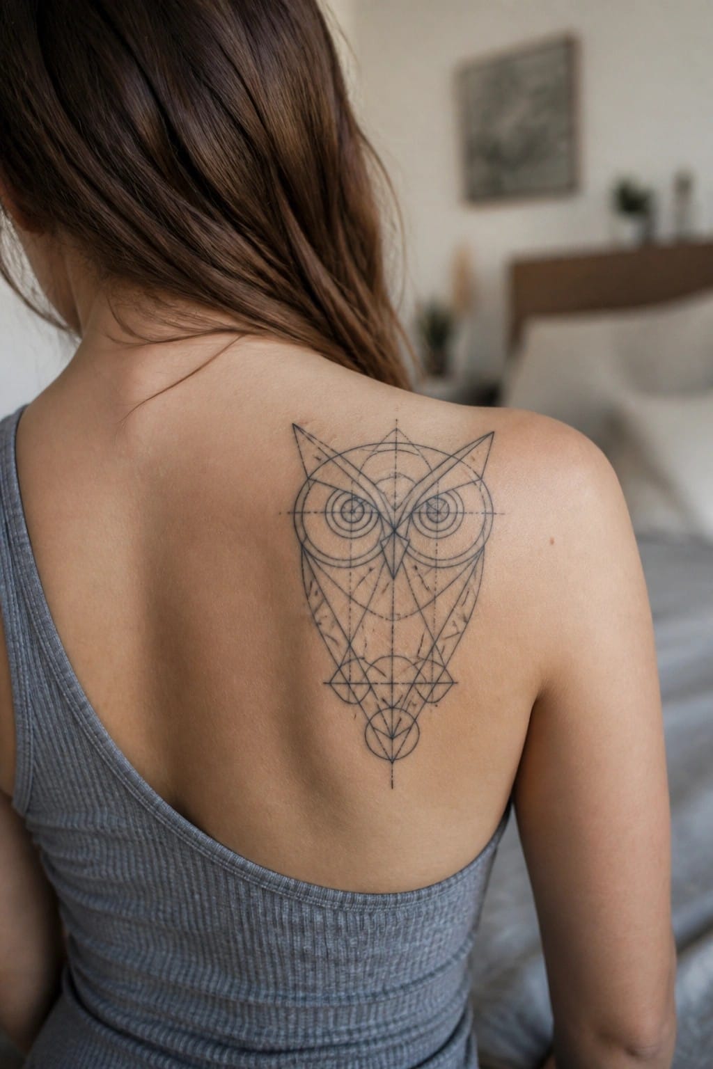 Woman with a geometric line art owl tattoo centered on her upper back