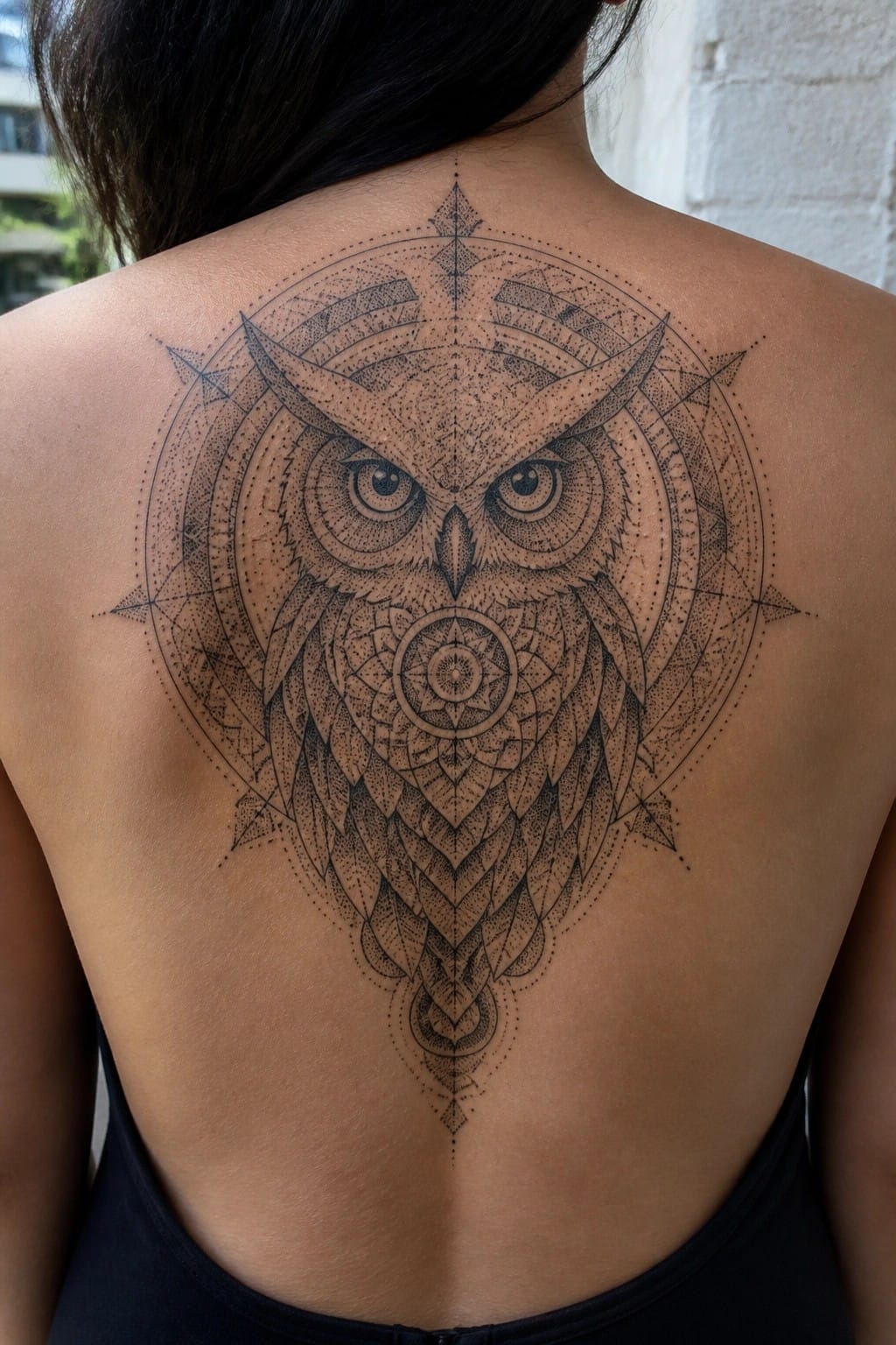 Large detailed owl tattoo with geometric patterns on person's upper back in black top