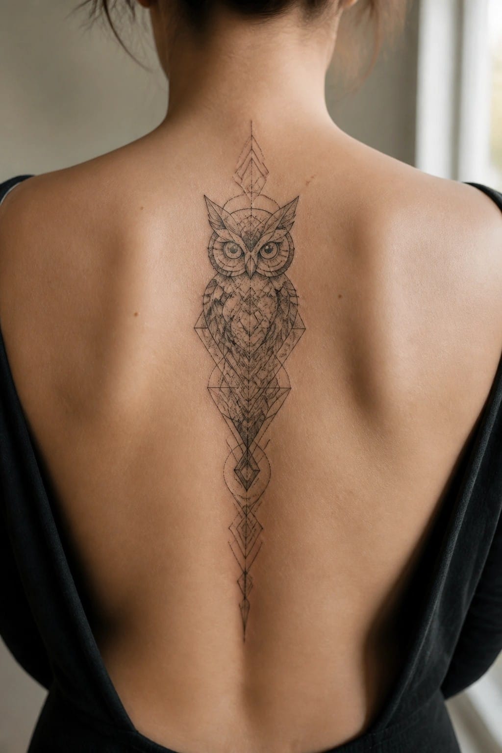 A large geometric owl tattoo centered vertically along a woman's spine on her back, built from lines, triangles, and diamonds.