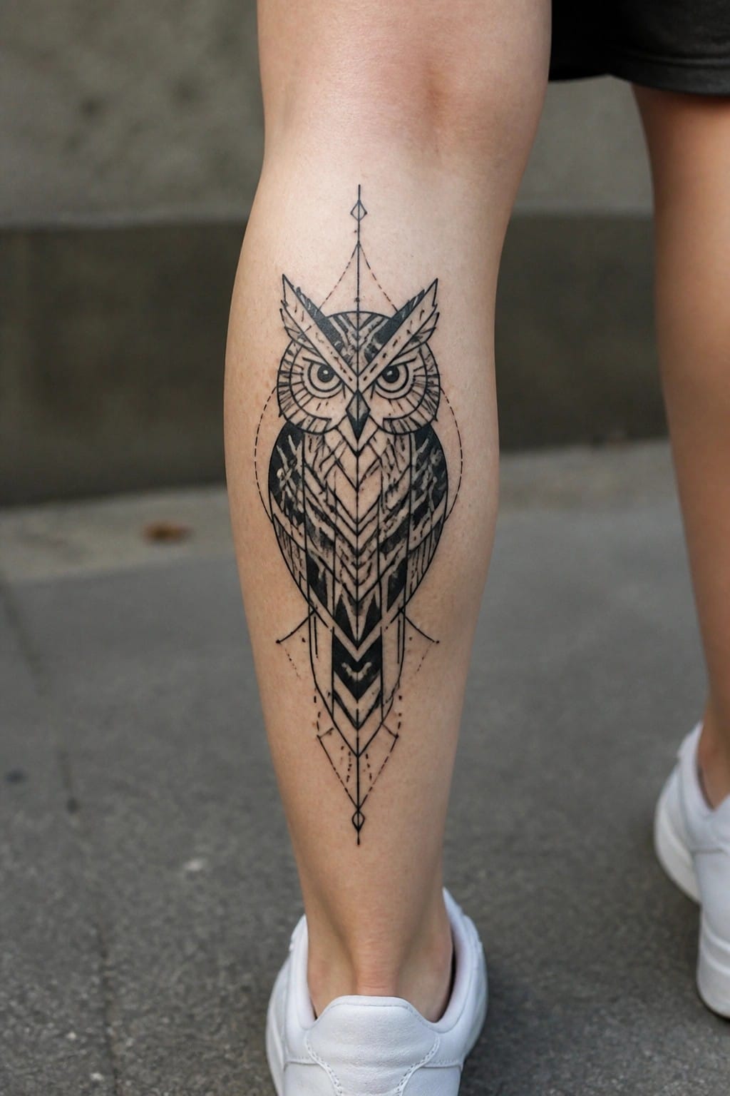 Geometric black and white owl tattoo on the lower leg with symmetrical patterns and extended lines above and below the main figure
