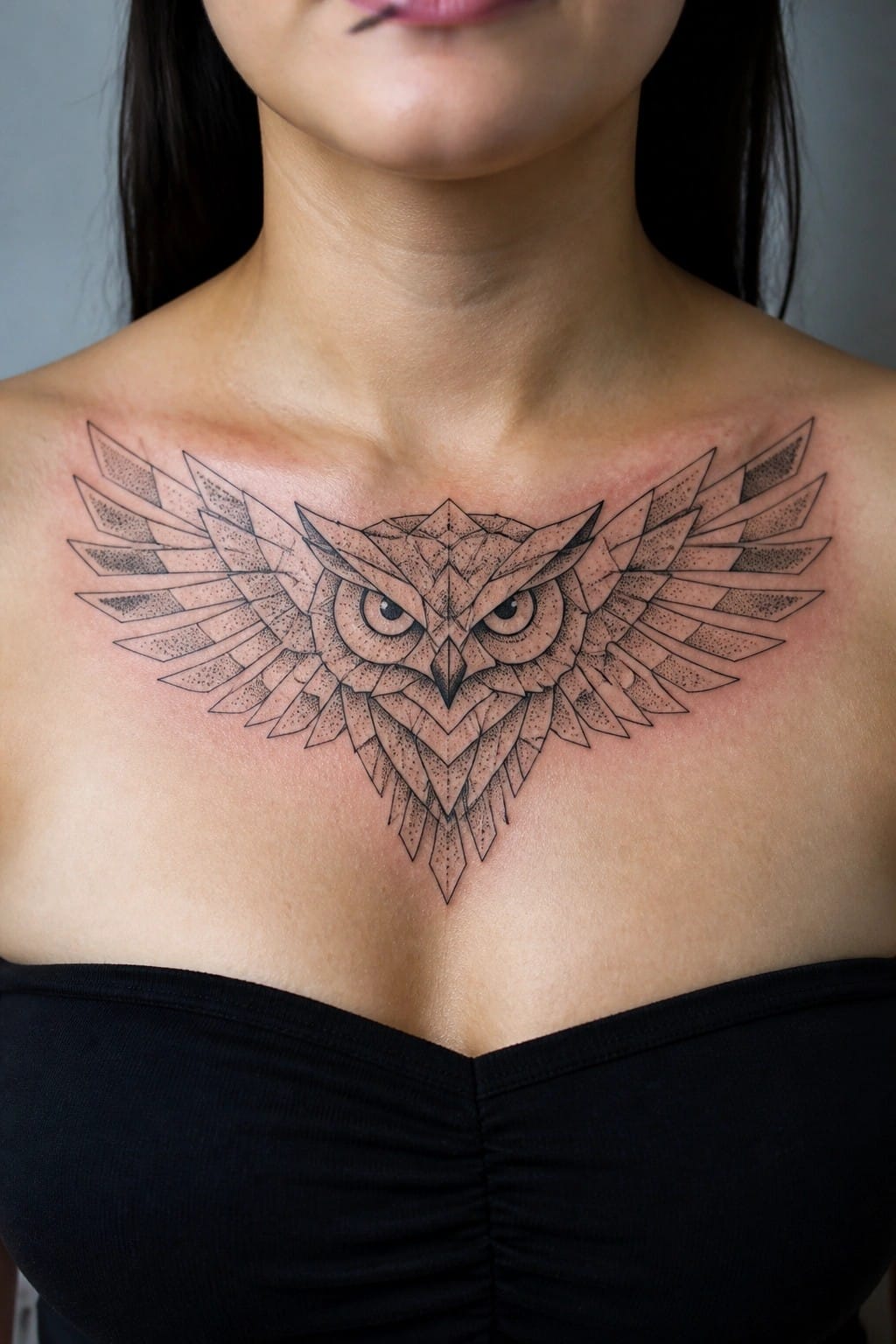 Geometric owl tattoo with dotted wings on chest above black strapless top