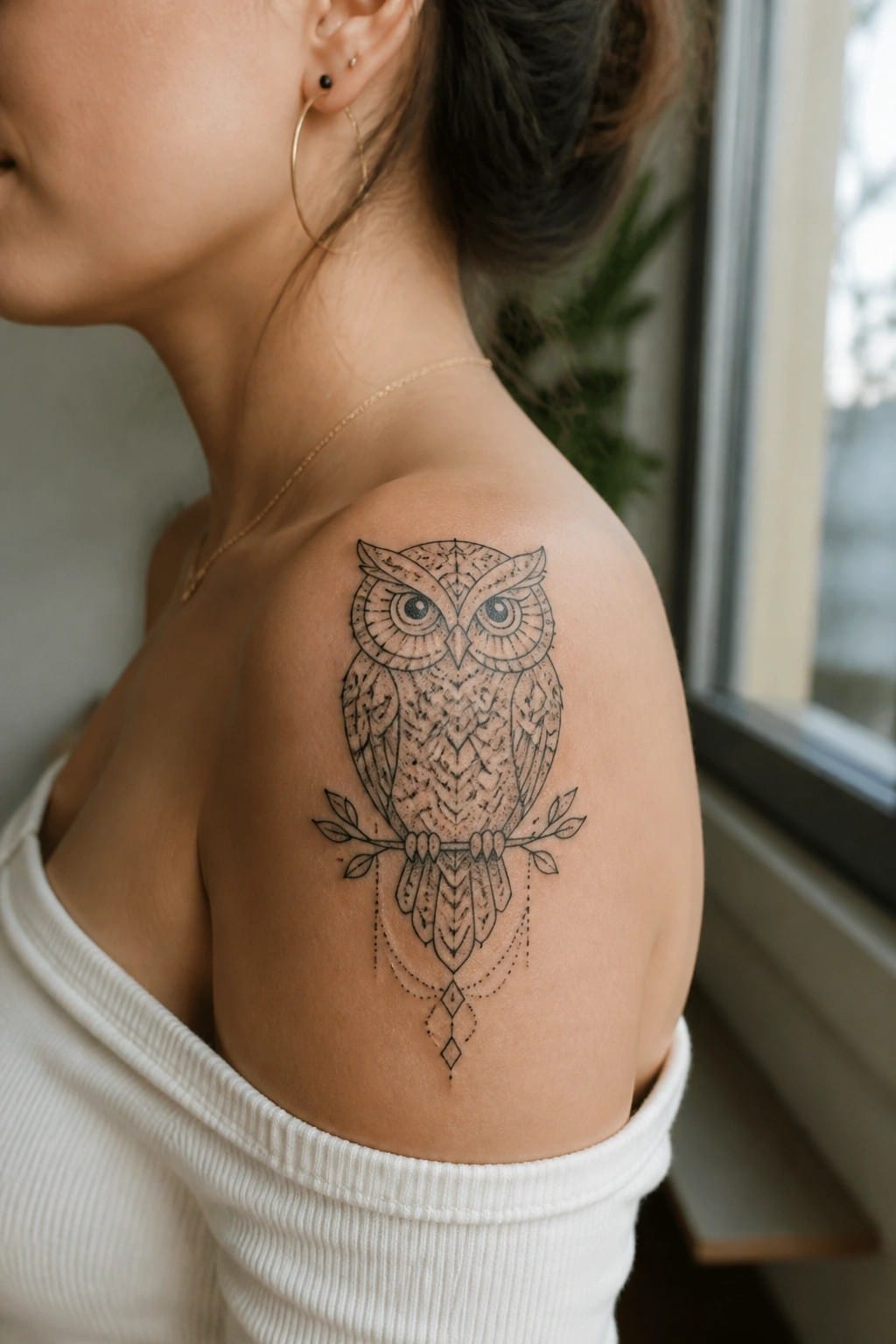 Woman's shoulder with intricate black owl tattoo over white off-shoulder top