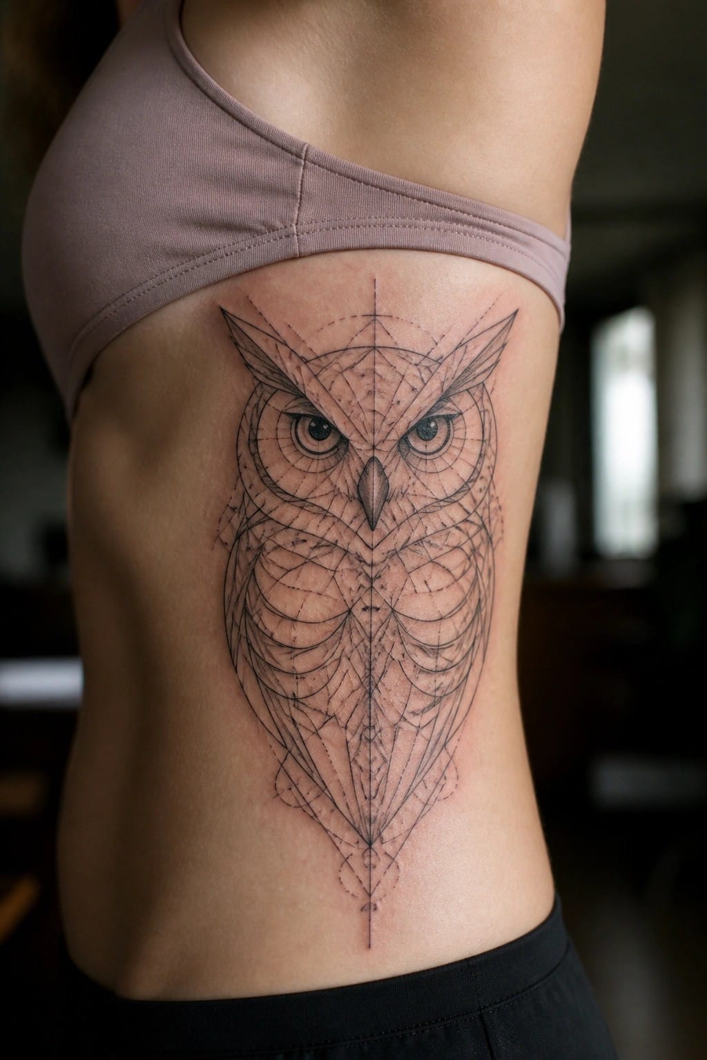 Geometric owl tattoo on side ribcage under a mauve crop top