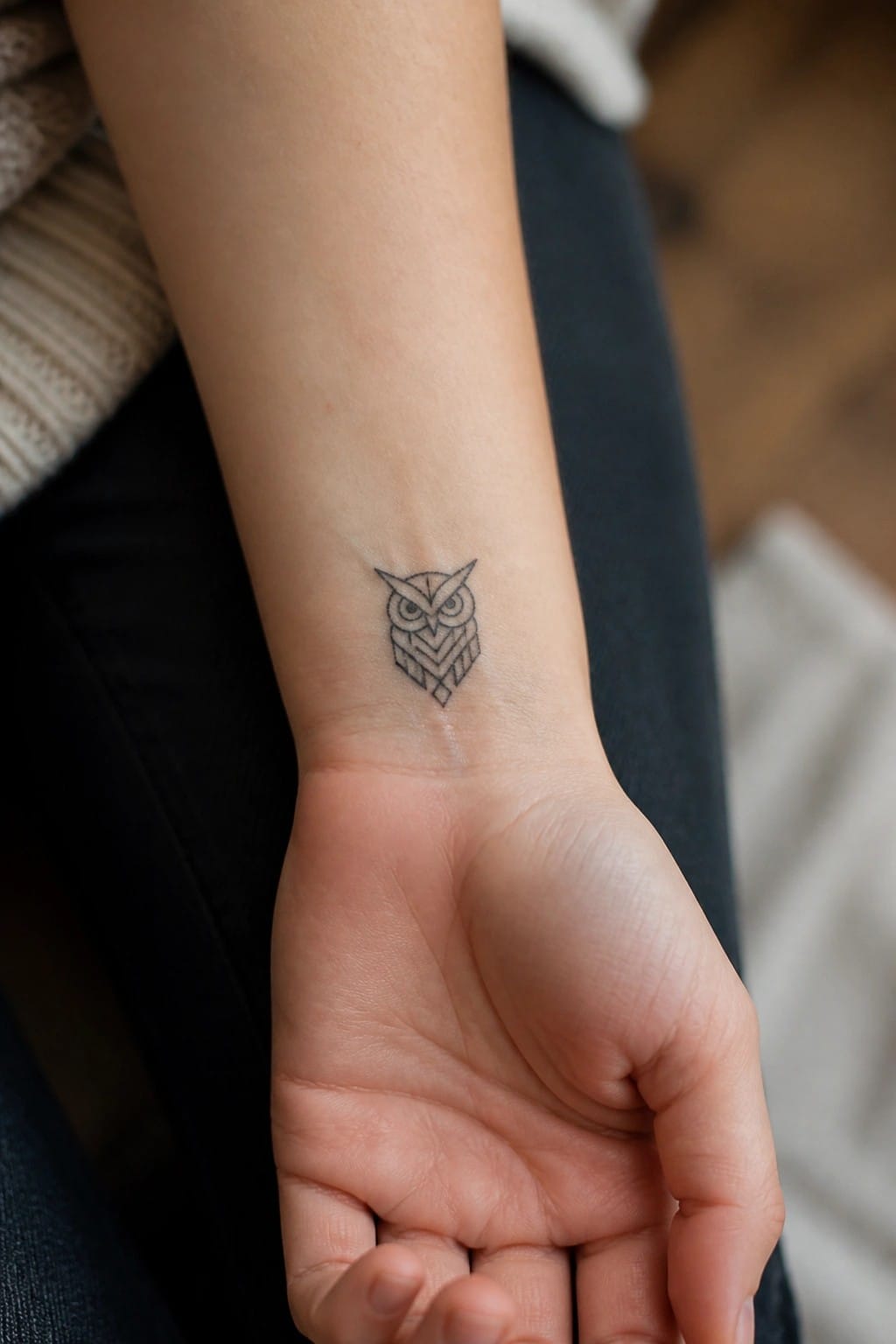 Small geometric owl tattoo on the inner wrist in fine line style with patterned body details.
