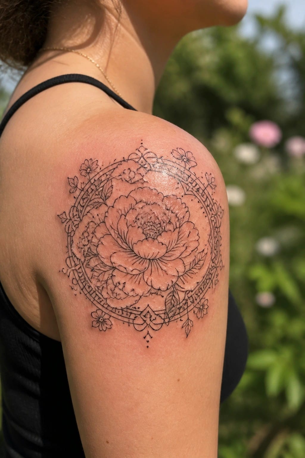 Woman's shoulder with large black peony mandala tattoo against blurred green background
