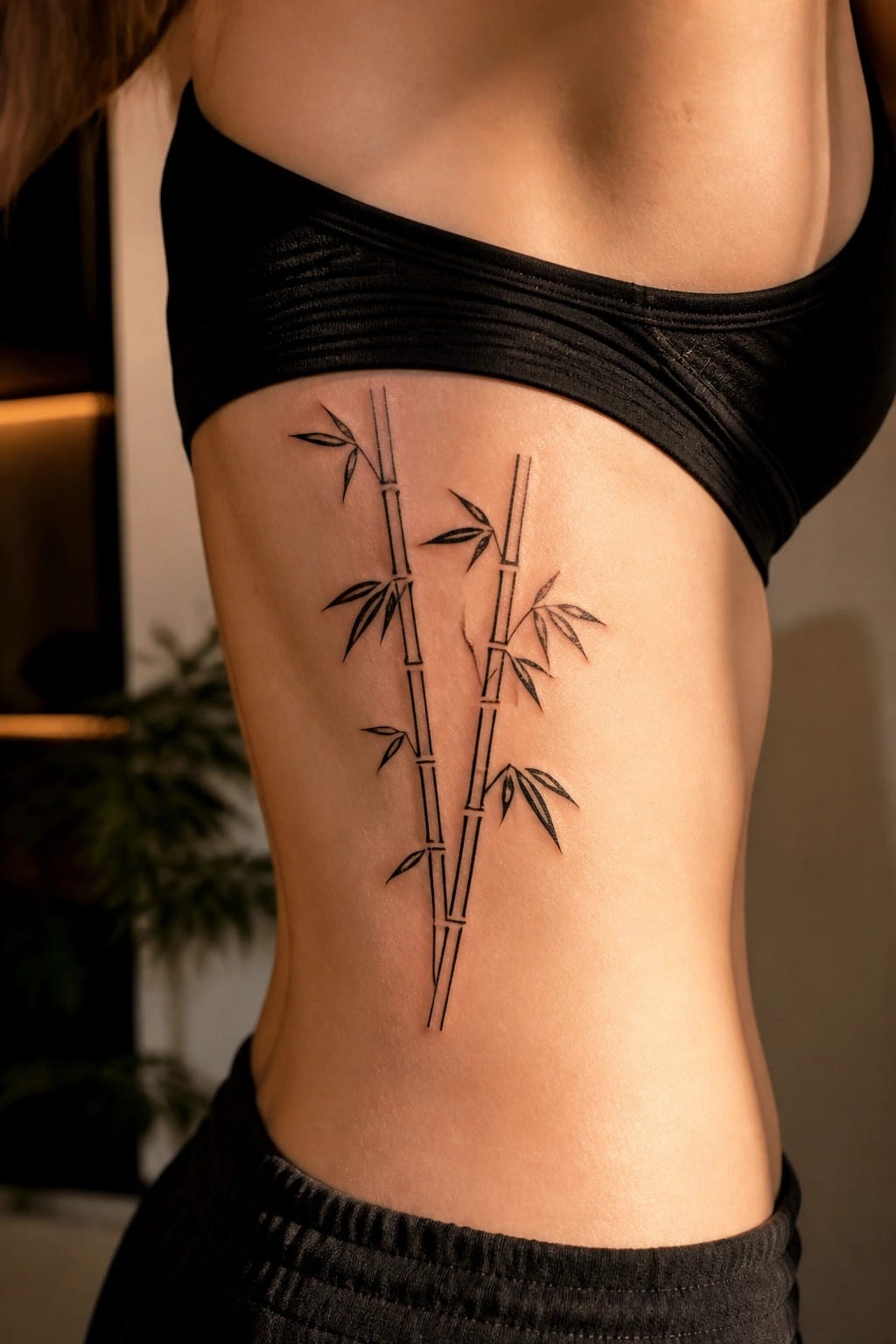 Black bamboo tattoo on torso under black sports bra and bottoms