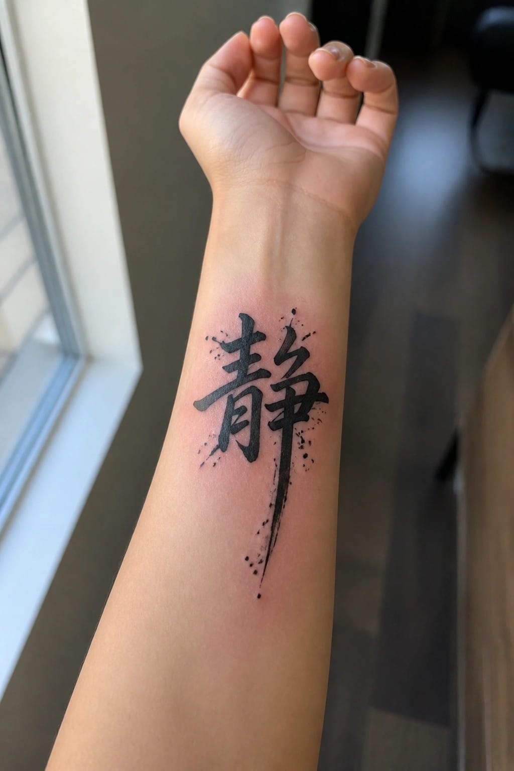 Black Chinese character tattoo with ink splatters on a woman's inner forearm