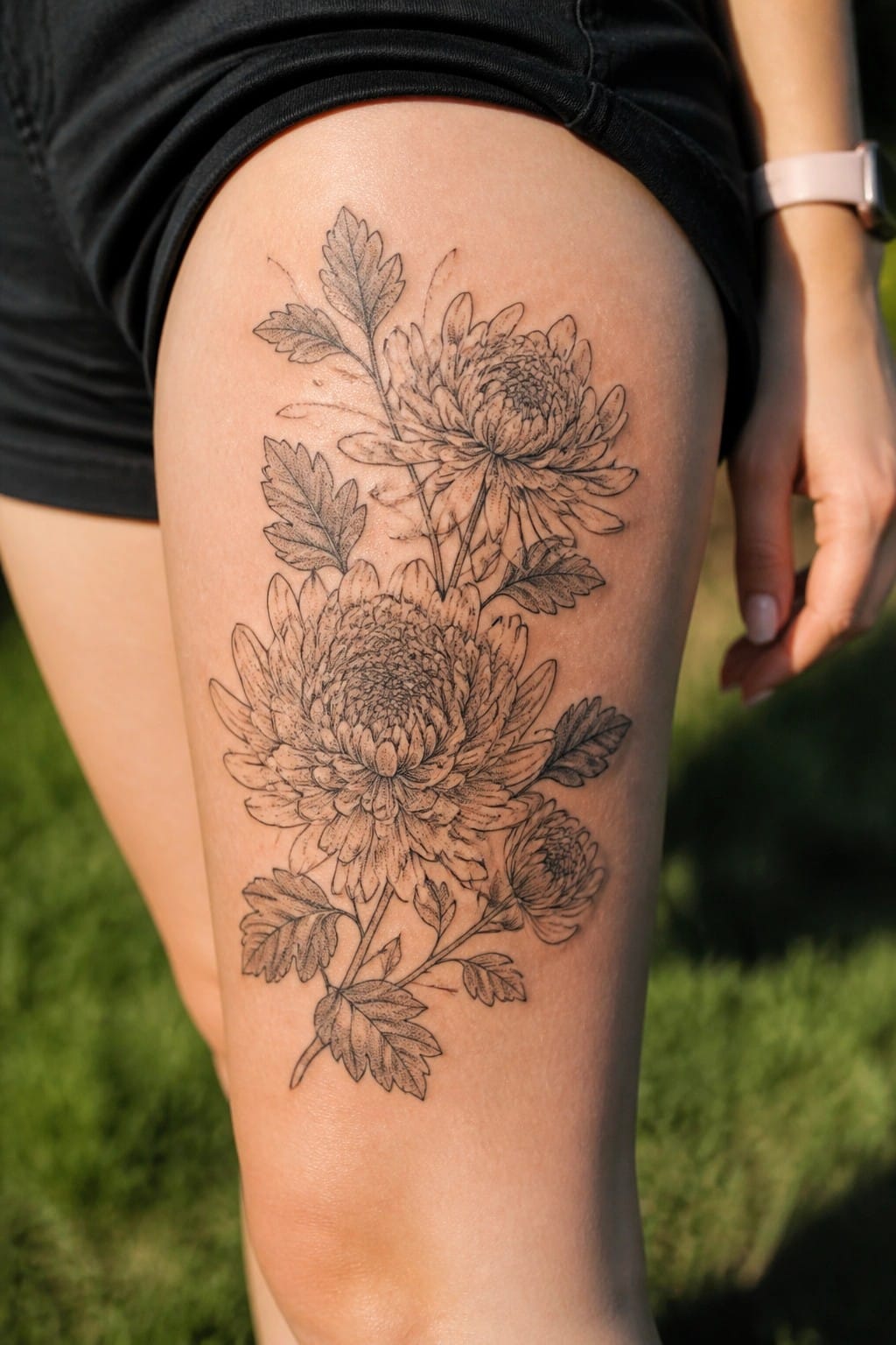 Black ink chrysanthemum tattoo on thigh with black shorts on grass
