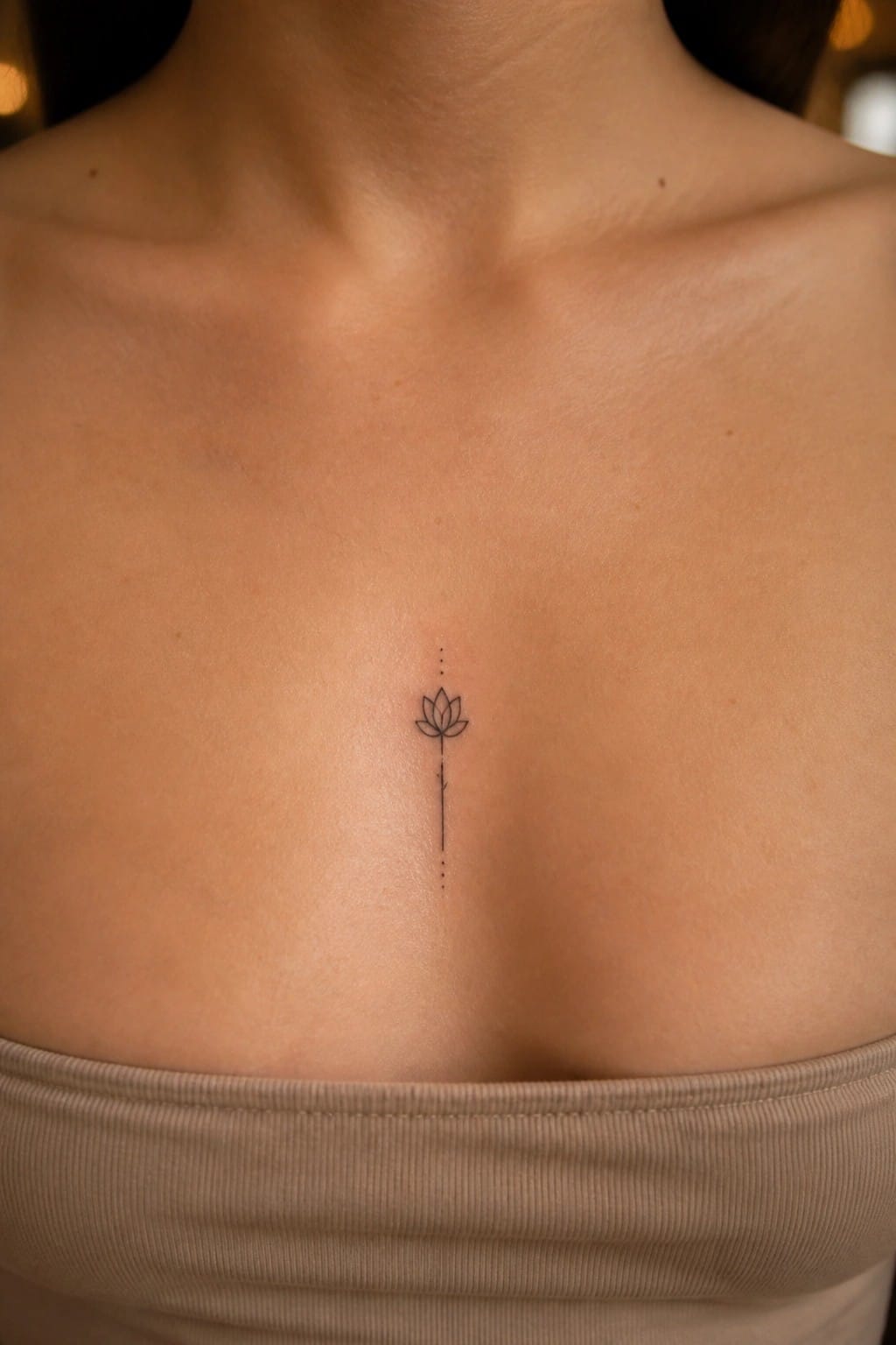 Small lotus tattoo with dotted line on chest above beige bandeau top