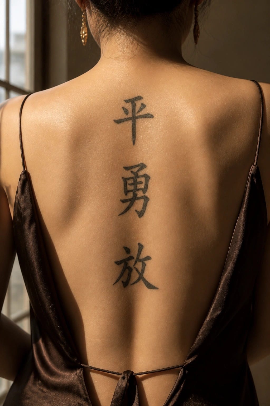 Woman's back with vertical Chinese tattoo on low-back brown satin dress
