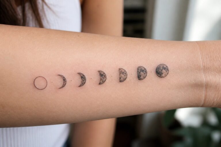 18 Moon Phase Tattoo Designs for Women Featuring Every Stage of the Lunar Cycle Moon phases tattoo inked on forearm from crescent to full moon