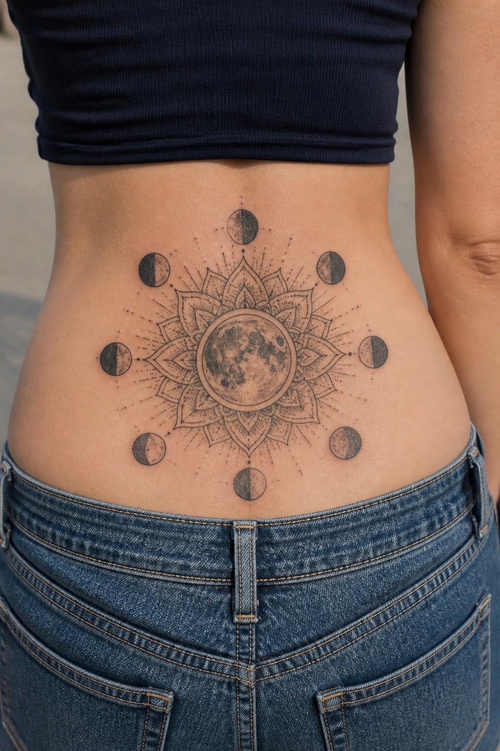 Mandala moon phase tattoo on bare midriff between crop top and jeans