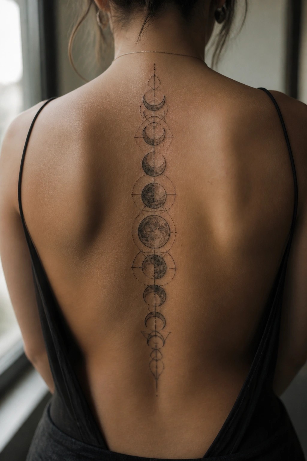 Woman's back with moon phases tattoo along spine, wearing black tank top.