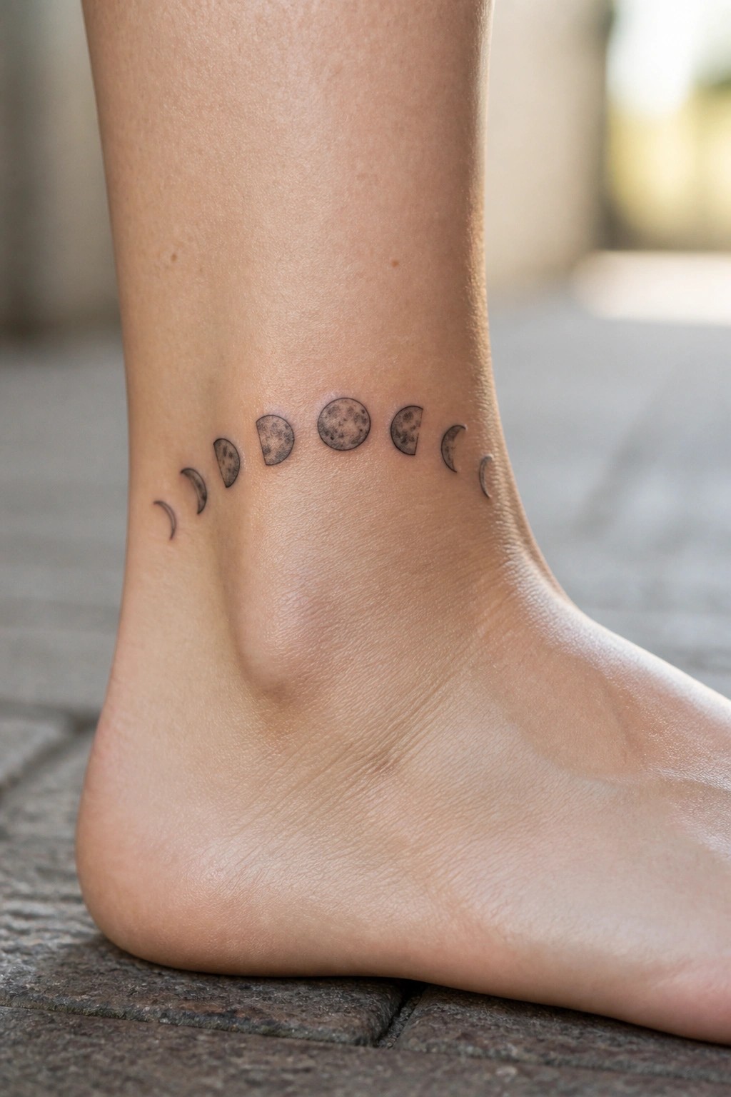 Moon phases tattoo in black ink on a person's ankle and foot