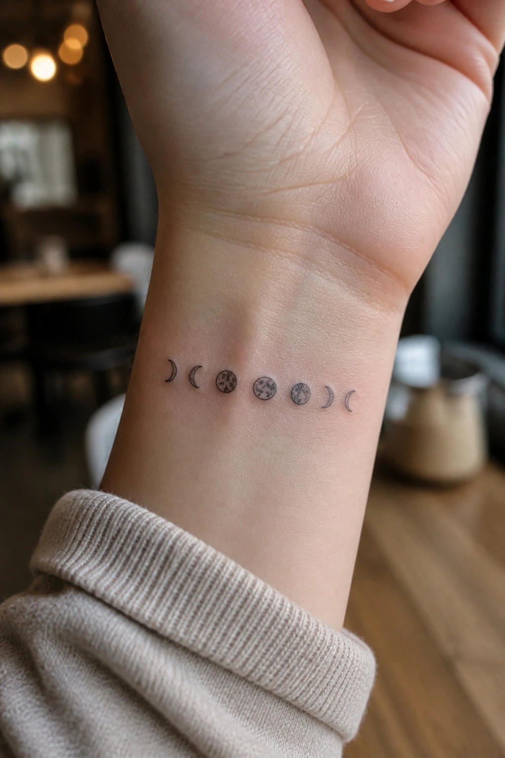Small moon phase tattoo in a horizontal row on the inner wrist, done in fine black linework.