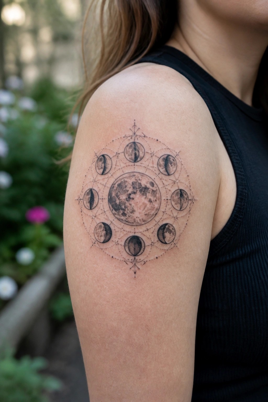 Woman's shoulder with black tank top and intricate moon phases tattoo