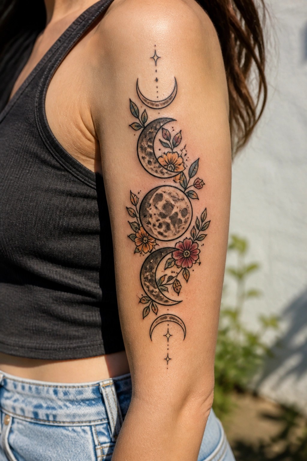 Vertical moon phase tattoo on a woman's upper arm with flowers and stars in black ink and soft color accents.