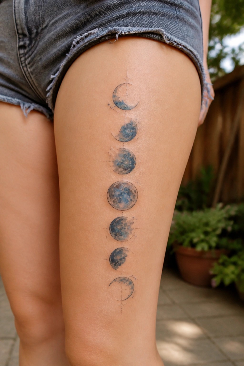 Vertical moon phase tattoo on the thigh showing the lunar cycle in watercolor style with faint lines connecting each stage.