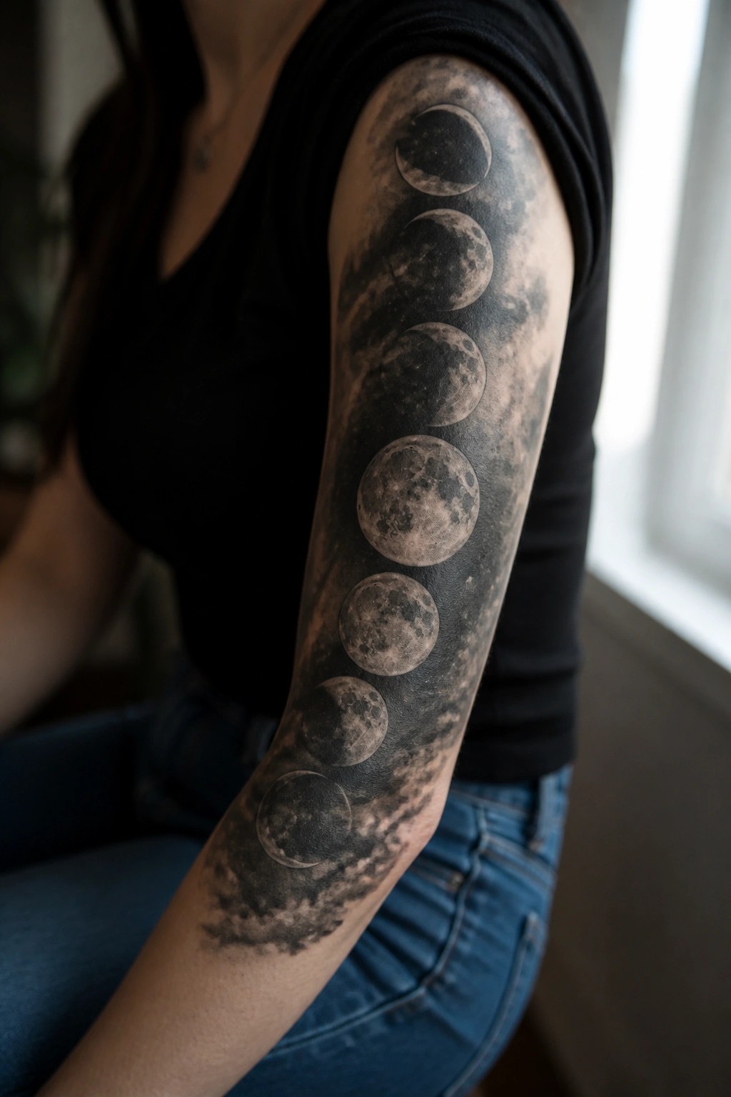 Moon phases tattoo on arm with black sleeveless top, blue jeans, and cloudy shading