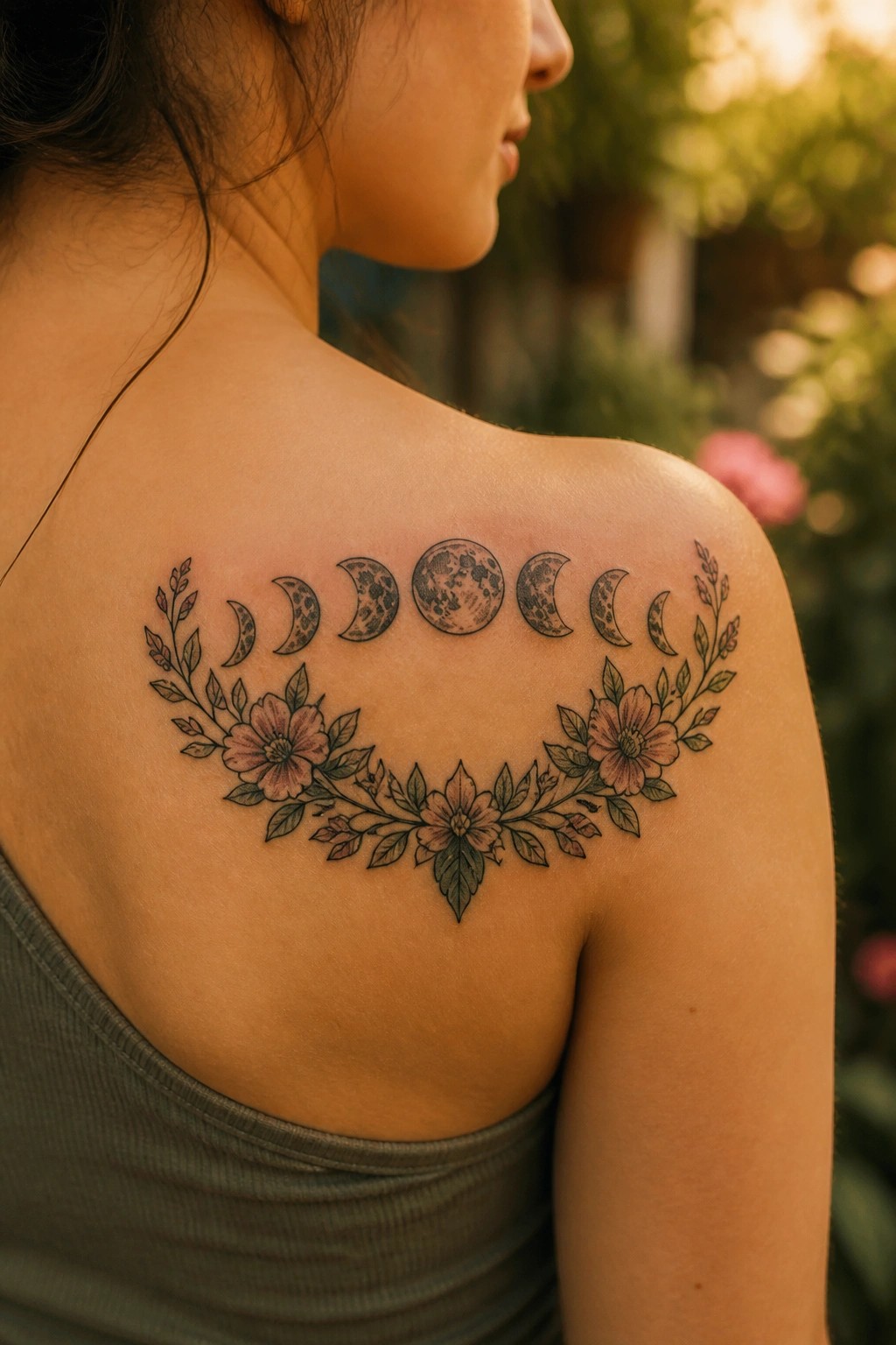 Moon phases and floral tattoo on woman's back above gray tank top