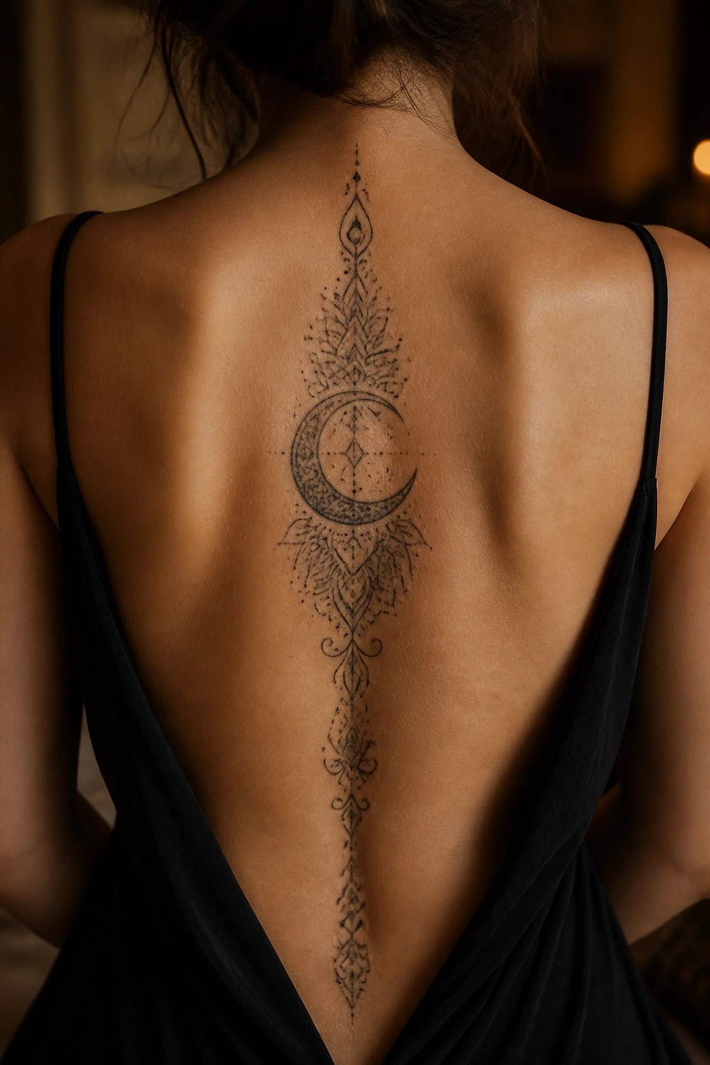 Black ink crescent moon tattoo with surrounding patterns placed vertically along a woman's spine