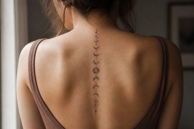 18 Spine Moon Tattoo Designs for Women With Graceful Vertical Flow Vertical spine tattoo of moon phases progressing from crescent to full and back, connected by dots with small arrow accents at each end.