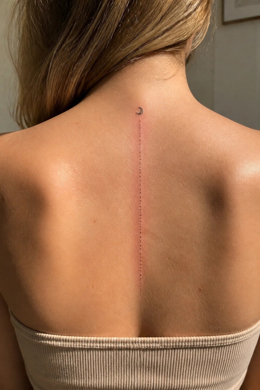 Minimalist crescent moon tattoo with a vertical dotted line running down the spine on a woman's back