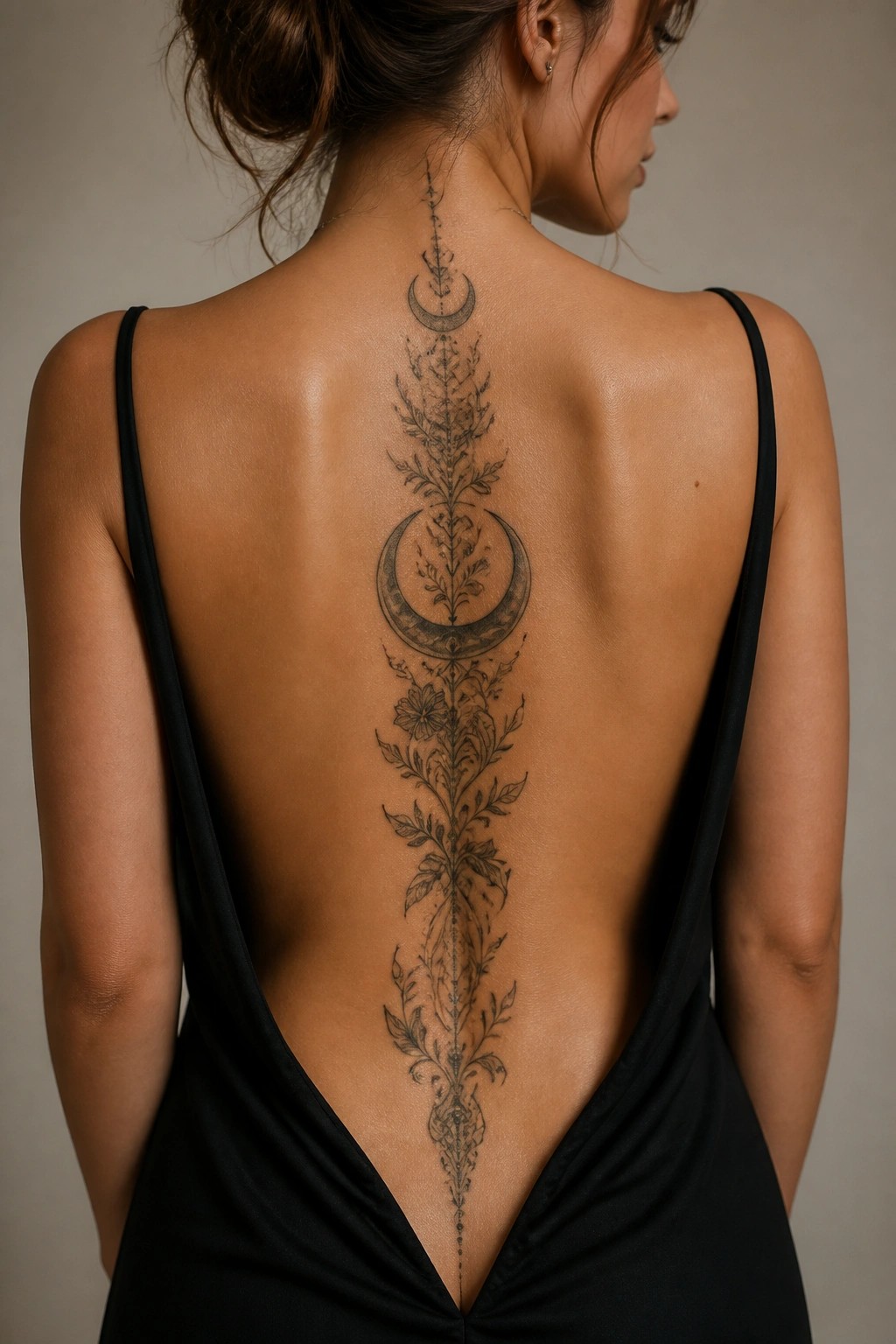 A vertical black ink spine tattoo with crescent moons and floral vines running down a woman's back.