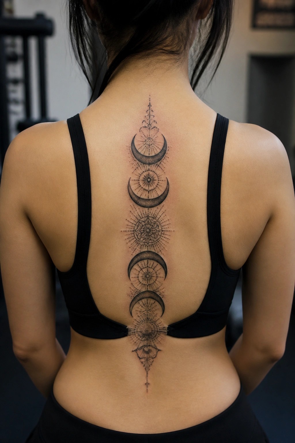 Woman’s back with a vertical spine tattoo showing five moon phases and mandala patterns in black ink.